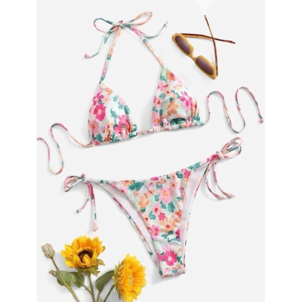 Floral Triangle Bikini Set Halter Top‎ Side Tie Bottoms Ribbed Swimsuit Size XS